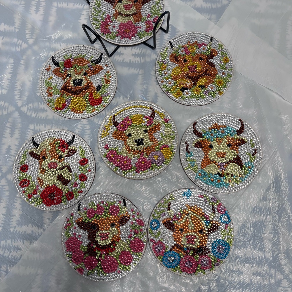 Colorful Beaded Cow Coasters Set